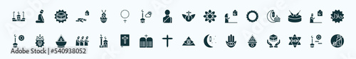 flat filled religion icons set. glyph icons such as mosque and minaret, easter bunny, heresy, crown of thorns, muslim man praying, lion of judah, small mosque, cross, hamsa, inclined fish, subah
