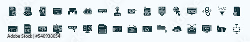 flat filled seo icons set. glyph icons such as article, cross-platform, seo tools, click, seo funnel, jsx, web domain, theme, keyboard and mouse, error 404, archive icons.