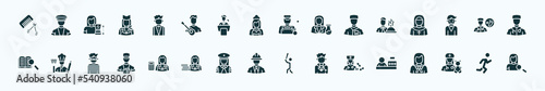 flat filled professions icons set. glyph icons such as hairdresser, butler, welder, waiter, podiatrist, cooker, mathematician, engineer, pharist, pediatrician, athlete icons.