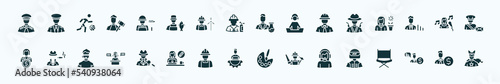 flat filled professions icons set. glyph icons such as pilot, dyer, scientist, hunter, singer, mafia, detective, it manager, callcenter, financial advisor, accountant icons.
