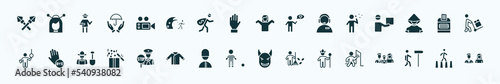 flat filled people icons set. glyph icons such as lance, movie director, getting dressed, man making soap bubbles, ticket hine, goodbye, traffic police, war prisioner, king in his throne, walking to