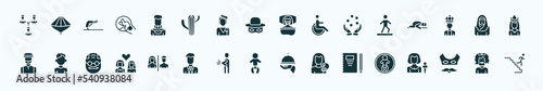 flat filled people icons set. glyph icons such as business partnership, amazonian, sickness, bast, arab woman, small boy, restroom, baby with diaper, pencil and notebook, devil mask, bearded woman