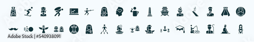 flat filled people icons set. glyph icons such as female doctor, classroom stats, man talking with phone, old woman, cape, effort, vitruvian man, mexican woman, father and children, shepherd, julus