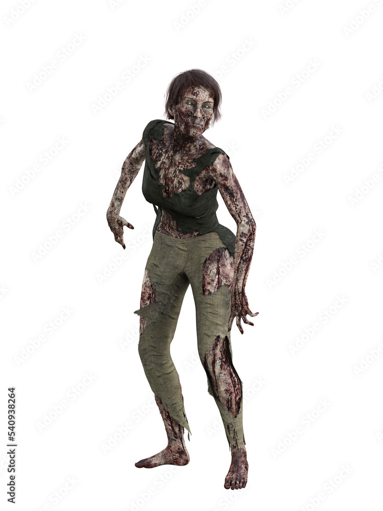 Blood stained zombie woman in tattered clothing. Isolated 3D rendering. Blood stained zombie woman in tattered clothing. Isolated 3D rendering.
