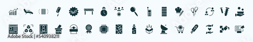 flat filled general icons set. glyph icons such as marketing strategy, go green badge, magnifiying glass, chef hat with a pencil, dyupel, model preparation, solarium, fragments, satellite antenna,