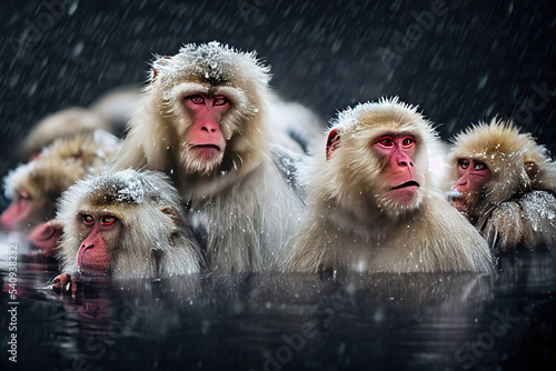 AI generated image of a group of Japanese macaques or Snow monkeys taking a bath in a hot spring