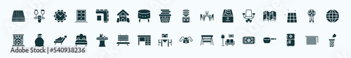 flat filled furniture & household icons set. glyph icons such as mattress, corner sofa, water dispenser, desk chair, adornment, garbage bags, kitchen table, dining room, living room, fridge, window