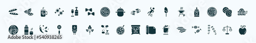 flat filled food icons set. glyph icons such as baguette, alcoholic drinks, beers, grill, biscuits, thermo flask, boiler, winter melon soup, stew, kebab, scale balanced tool icons.