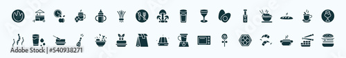 flat filled food icons set. glyph icons such as calories, sippy cup, water glass, sparkling wine, hot herbal, drink water, healthy nutrition, jelly, jawbreaker, hotdog and bread, fried tofu curd