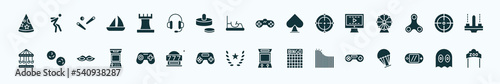flat filled arcade icons set. glyph icons such as party hat, chess piece, super, video editing, shooter, pom pom, joystick, glory, roller coaster, video console, ghost icons.