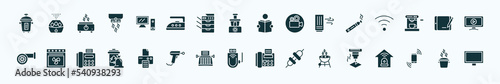 flat filled electronic devices icons set. glyph icons such as rice cooker, desktop computer, book reader, vaporizer, graphic tablet, convection oven, print, usb wireless adapter, grill, cell phone,