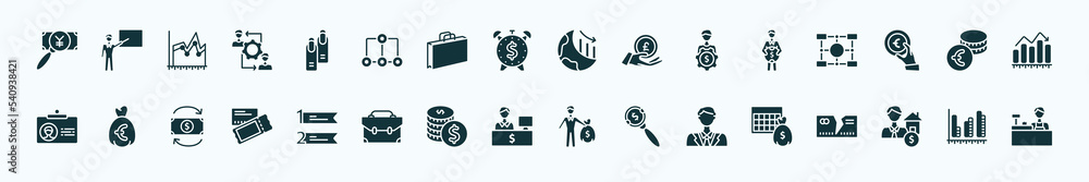 flat filled business icons set. glyph icons such as yen business search, nails, globe analytics, man holding a big coin, euro coins stack, euro money bag, numbered information, bank teller, man with flat filled business icons set. glyph icons such as yen business search, nails, globe analytics, man holding a big coin, euro coins stack, euro money bag, numbered information, bank teller, man with
