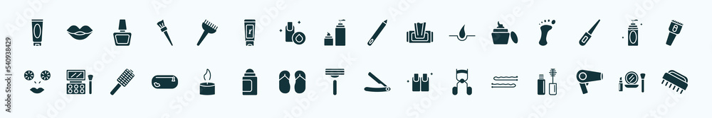 flat filled beauty icons set. glyph icons such as cream tube, tint brush, pencils, facial cream, face cleanser, eye shadow, one candle, disposable razor, eyelashes curler, hairdryer facing left, flat filled beauty icons set. glyph icons such as cream tube, tint brush, pencils, facial cream, face cleanser, eye shadow, one candle, disposable razor, eyelashes curler, hairdryer facing left,