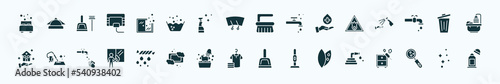 flat filled cleaning icons set. glyph icons such as clean room, cleaning window, scrub brush, oxidizing agent, garbage, carpet cleaning, squeeze, laundry, leaf cleanin, hygroscopic, clean icons.