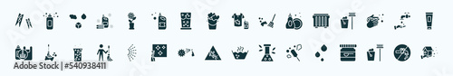 flat filled cleaning icons set. glyph icons such as clothes peg, rose cleanin, stain remover, dumpster, hand wash, floor mop, spray, wet floor, duster, dustpan cleanin, no water cleanin icons.