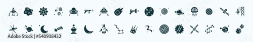 flat filled astronomy icons set. glyph icons such as space lander, ufo flying, space gun, space collision, module, astrology, radar pointing up, big dipper, airscrew, lyra constellation, mars with