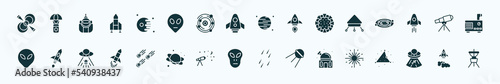 flat filled astronomy icons set. glyph icons such as pulsar, death star, neptune with satellite, lander, telescope pointing up, space ship, meteorites, little extraterrestial, planetarium,
