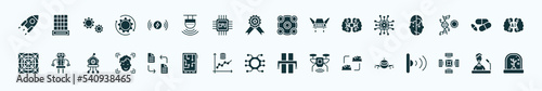 flat filled artificial intellegence icons set. glyph icons such as rocket, wireless charging, ar camera, quantum computing, medicine, robot, file transfer, unsupervised learning, mind transfer, nano