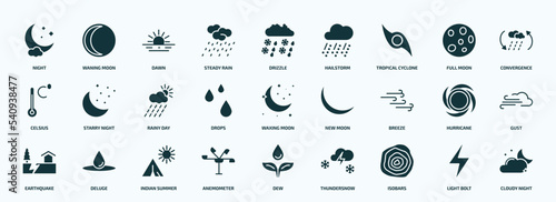 flat filled weather icons set. glyph icons such as night, steady rain, tropical cyclone, celsius, drops, breeze, earthquake, anemometer, isobars, light bolt icons.