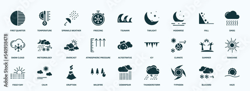 flat filled weather icons set. glyph icons such as first quarter, freezing, moonrise, snow cloud, atmospheric pressure, climate, foggy day, wildfire, typhoon, blizzard icons.