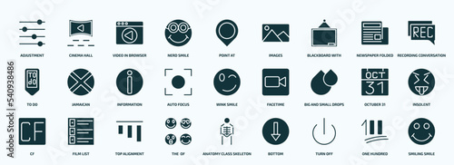 flat filled user interface icons set. glyph icons such as adjustment, nerd smile, blackboard with, to do, auto focus, big and small drops, cf, the of, turn off, one hundred icons.