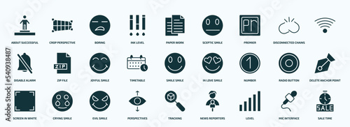 flat filled user interface icons set. glyph icons such as about successful man, ink level, premier, disable alarm, timetable, number, screen in white, perspectives, level, mic interface icons.