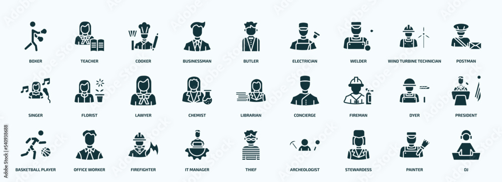 Naklejka premium flat filled professions icons set. glyph icons such as boxer, businessman, welder, singer, chemist, fireman, basketball player, it manager, stewardess, painter icons.