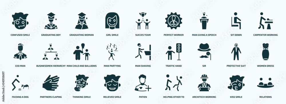 flat filled people icons set. glyph icons such as confused smile, girl smile, man giving a speech, ceo man, man partying, sir, feeding a dog, relieved smile, architech working, kiss icons. flat filled people icons set. glyph icons such as confused smile, girl smile, man giving a speech, ceo man, man partying, sir, feeding a dog, relieved smile, architech working, kiss icons.