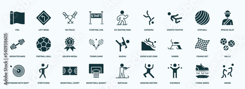 flat filled sport icons set. glyph icons such as foil, starting line, karate fighter, weighted bars, tennis game, skibob, dartboard with dart, basketball basket, excersice, flying shoes icons.