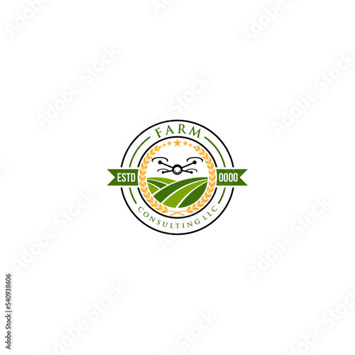 drone silhouette for farm tech logo to monitoring work and field