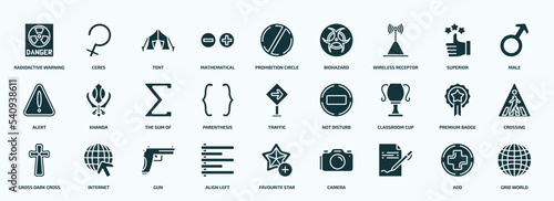 flat filled signs icons set. glyph icons such as radioactive warning, mathematical, wireless receptor, alert, parenthesis, classroom cup, gross dark cross, align left, , add icons.