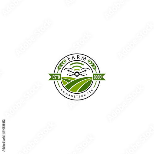 drone silhouette for farm tech logo to monitoring work and field