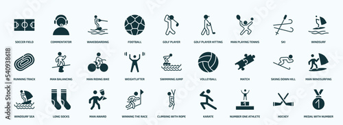 flat filled sports icons set. glyph icons such as soccer field, football, man playing tennis, running track, weightlifter, match, windsurf sea, winning the race, number one athlete, hockey icons.