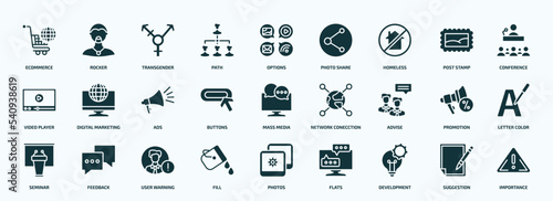 flat filled social media marketing icons set. glyph icons such as ecommerce, path, homeless, video player, buttons, advise, seminar, fill, development, suggestion icons.