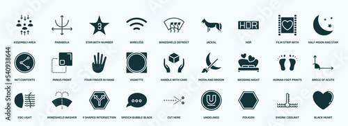 flat filled shapes icons set. glyph icons such as assembly area, wireless, hdr, net contents, vignette, wedding night, fog light, speech bubble black, poligon, engine coolant icons.