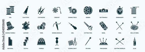 flat filled sew icons set. glyph icons such as coil, crochet, buttonhole, sewing thimble, sewing needles, wool, material, dummy, pincushion, knitting neddles icons.