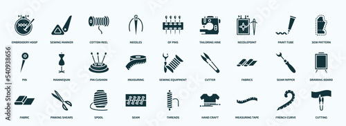 flat filled sew icons set. glyph icons such as embroidery hoop, needles, needlepoint, pin, measuring, fabrics, fabric, seam, measuring tape, french curve icons.