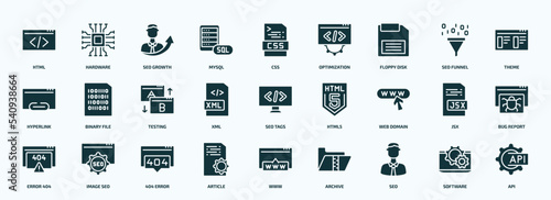flat filled programming icons set. glyph icons such as html, mysql, floppy disk, hyperlink, xml, web domain, error 404, article, seo, software icons.