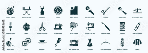 flat filled sew icons set. glyph icons such as sewing basket, spokes, scissors, slide fastener, sewing hine, crochet hook, wool ball, threader, clothes hanger, spool of thread icons.