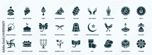flat filled religion icons set. glyph icons such as meditation, hamantaschen, islamic lantern, jewish incense, reading quran, chicken, swastica, budding staff, gefilte fish, kaaba mecca icons.