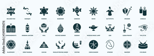 flat filled religion icons set. glyph icons such as inclined fish, buddhism, sufi mystic, commandments, incense burner, god, blasphemy, muslim praying hands, atheism, animism icons. photo