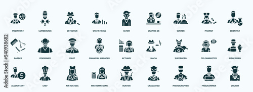 flat filled professions icons set. glyph icons such as podiatrist, statistician, waiter, barber, financial manager, superhero, accountant, mathematician, photographer, programmer icons.