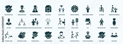 flat filled people icons set. glyph icons such as confused smile, girl smile, man giving a speech, ceo man, man partying, sir, feeding a dog, relieved smile, architech working, kiss icons.