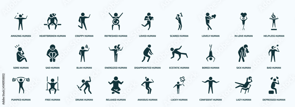 flat filled feelings icons set. glyph icons such as amazing human, refreshed human, lovely human, sore energized bored pumped relaxed confident lazy icons. flat filled feelings icons set. glyph icons such as amazing human, refreshed human, lovely human, sore energized bored pumped relaxed confident lazy icons.