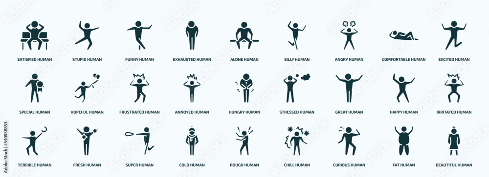 Naklejka premium flat filled feelings icons set. glyph icons such as satisfied human, exhausted human, angry human, special annoyed great terrible cold curious fat icons.