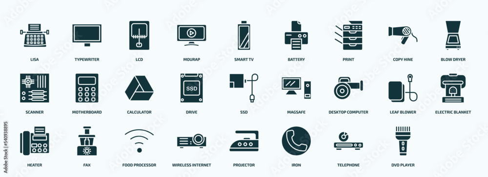 flat filled electronic devices icons set. glyph icons such as lisa, mourap, print, scanner, drive, desktop computer, heater, wireless internet, telephone, dvd player icons. flat filled electronic devices icons set. glyph icons such as lisa, mourap, print, scanner, drive, desktop computer, heater, wireless internet, telephone, dvd player icons.