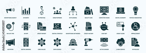 flat filled general icons set. glyph icons such as advertising agency, group opinion, computer vision, inflate tire, digital strategy, chat bot, agitation, data science, active sensor, cloud service