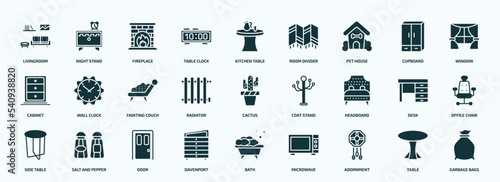 flat filled furniture & household icons set. glyph icons such as livingroom, table clock, pet house, cabinet, radiator, headboard, side table, davenport, adornment, table icons.