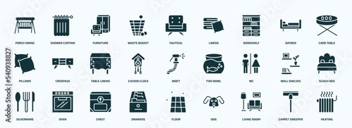flat filled furniture & household icons set. glyph icons such as porch swing, waste basket, bookshelf, pillows, cuckoo clock, wc, silverware, drawers, living room, carpet sweeper icons.