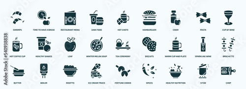 flat filled food icons set. glyph icons such as shrimps, junk food, cider, hot coffee cup, winter melon soup, warm cup and plate, butter, ice cream truck, healthy nutrition, stew icons.